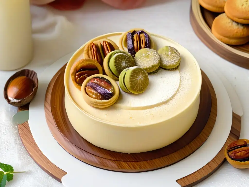 Delicadas galletas Maamoul rellenas rodean un molde de madera en una mesa pastel, reflejando tradición y sabor