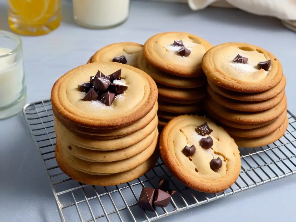 Delicadas galletas veganas recién horneadas con trozos de chocolate y sal marina, bañadas por luz natural suave