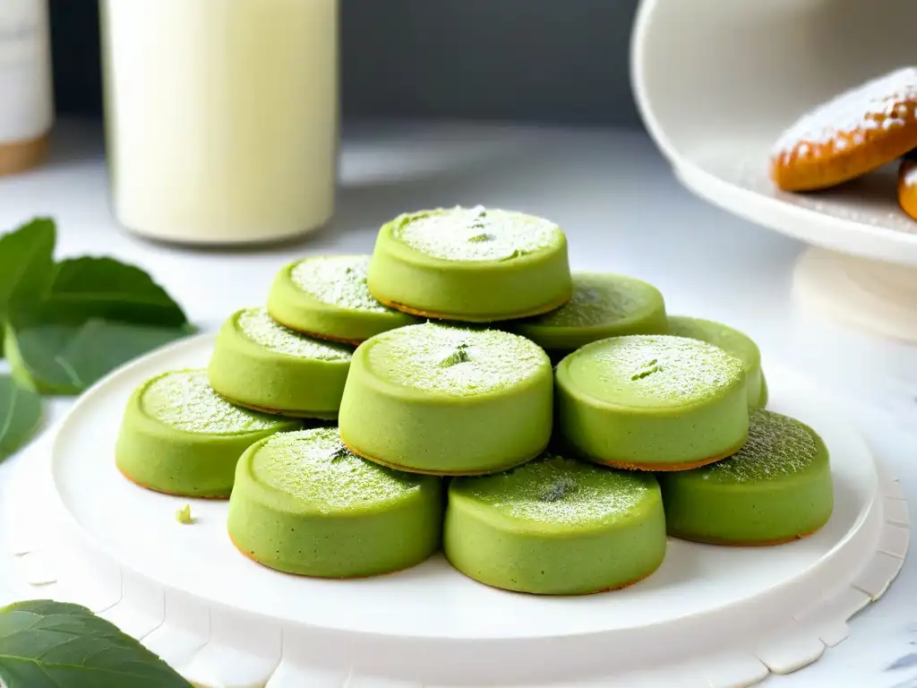 Delicadas galletas de té verde en plato blanco, con hojas de té verde alrededor