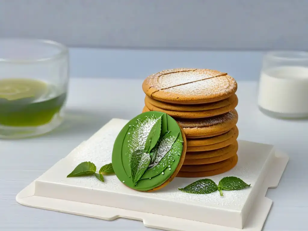 Delicadas galletas de té verde receta en plato blanco sobre mármol con luz suave