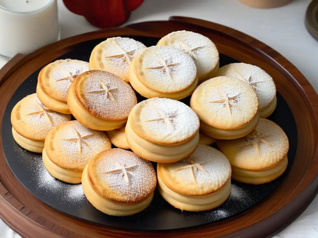 Delicadas Maamoul galletas rellenas tradicionales en bandeja de madera rústica, con patrones intrincados y color dorado