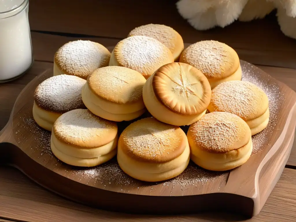 Delicadas Maamoul galletas rellenas tradicionales recién horneadas en plato de madera rústico, con patrones intrincados y color dorado