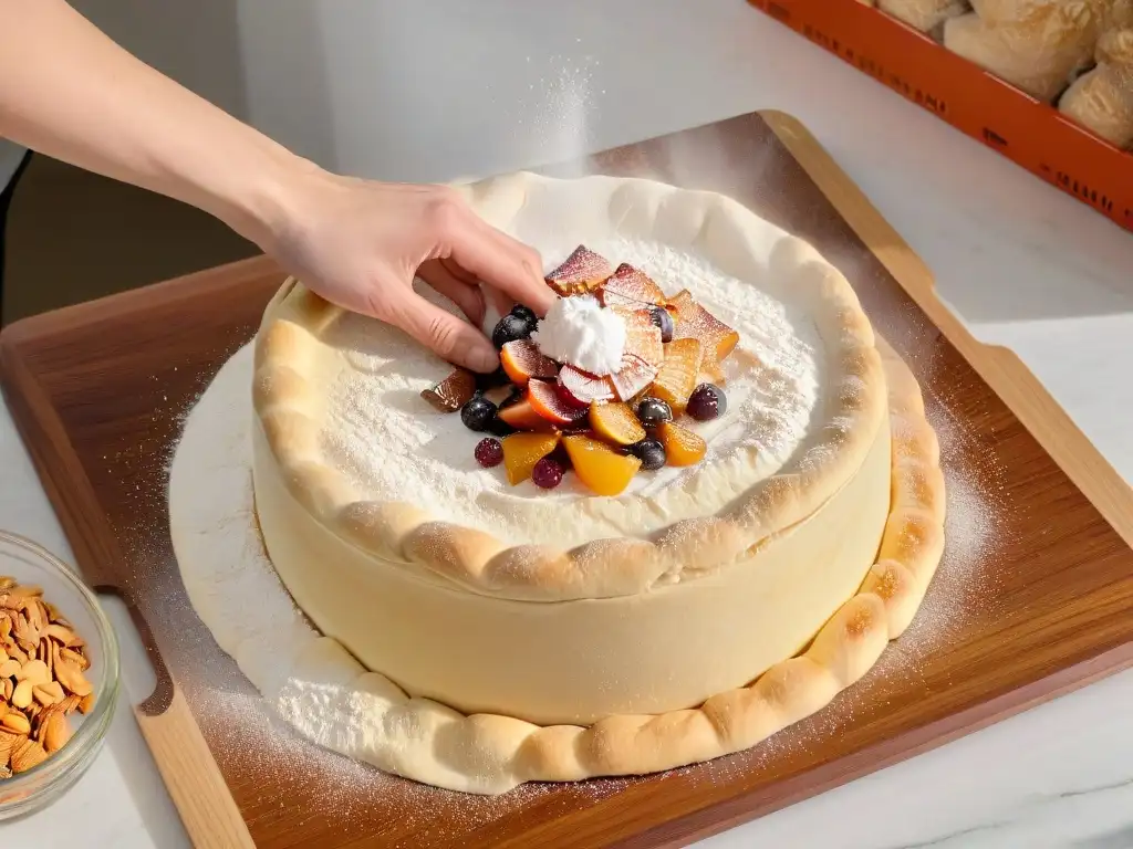 Delicadas manos de panadero preparando Stollen con almendras y frutas confitadas en encimera de mármol blanco