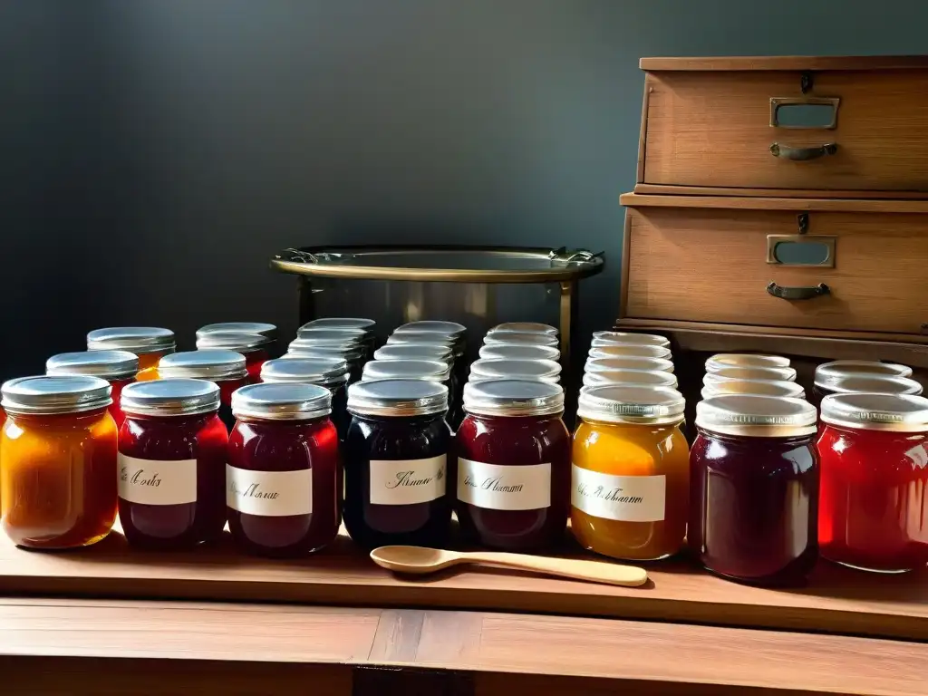 Deliciosas mermeladas veganas caseras en tarros de vidrio Delicadas mermeladas veganas caseras en tarros de cristal sobre mesa rústica de madera, iluminadas por la mañana