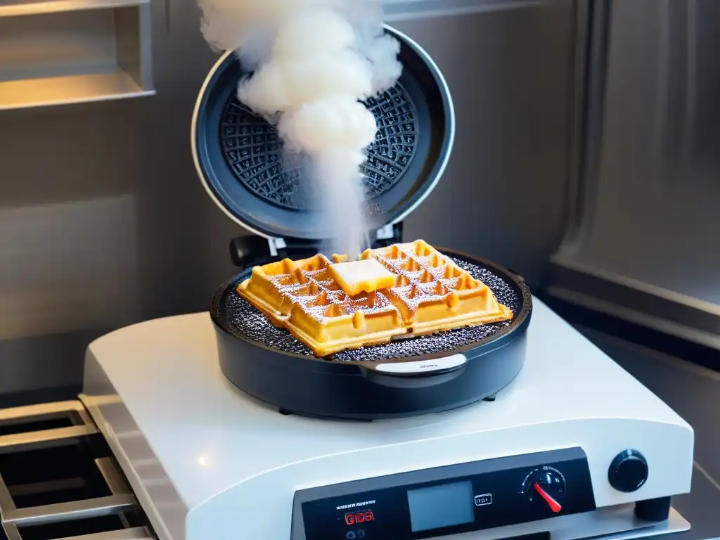 Delicadas gofreras modernas cocinando los mejores gofres dorados y crujientes