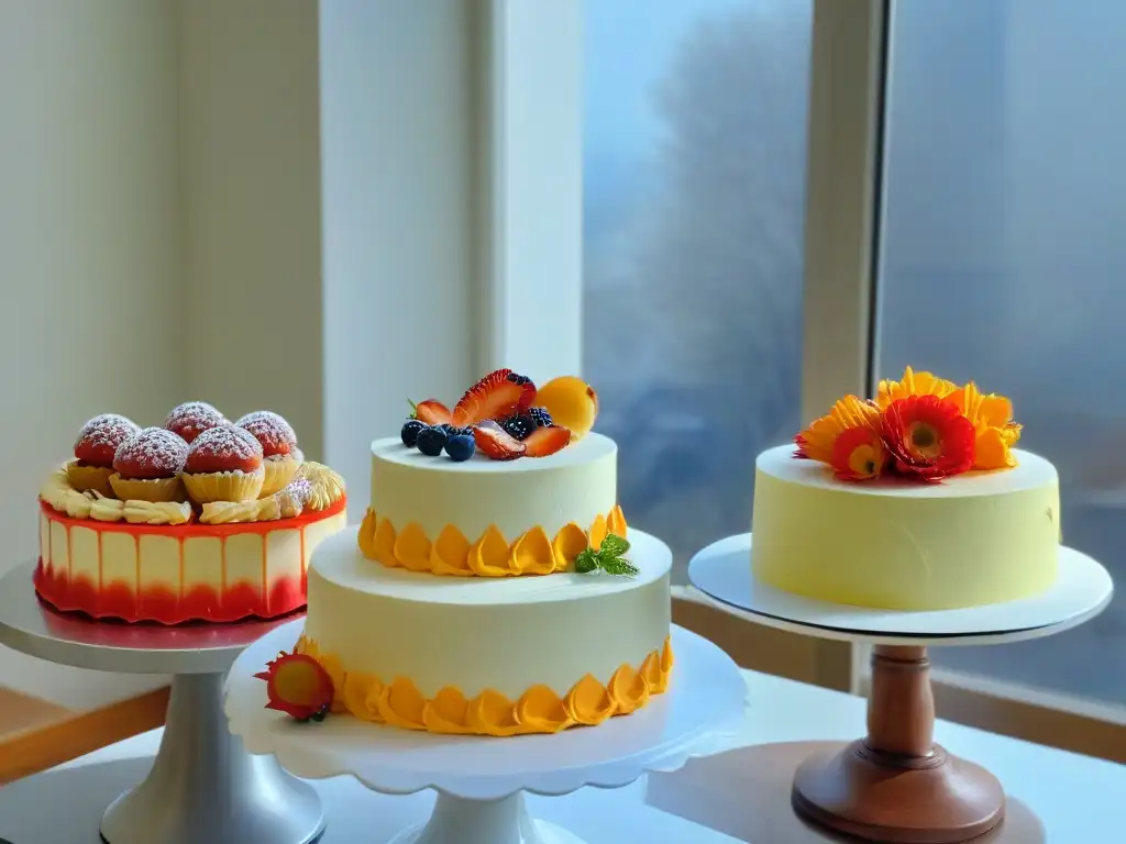 Delicadas pastelerías y pasteles en una cocina moderna con mármol