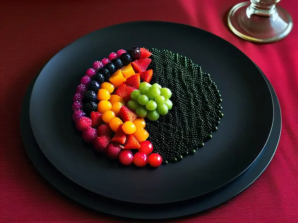 Delicadas perlas de caviar de frutas en un elegante plato negro, incorporar caviar frutas postres