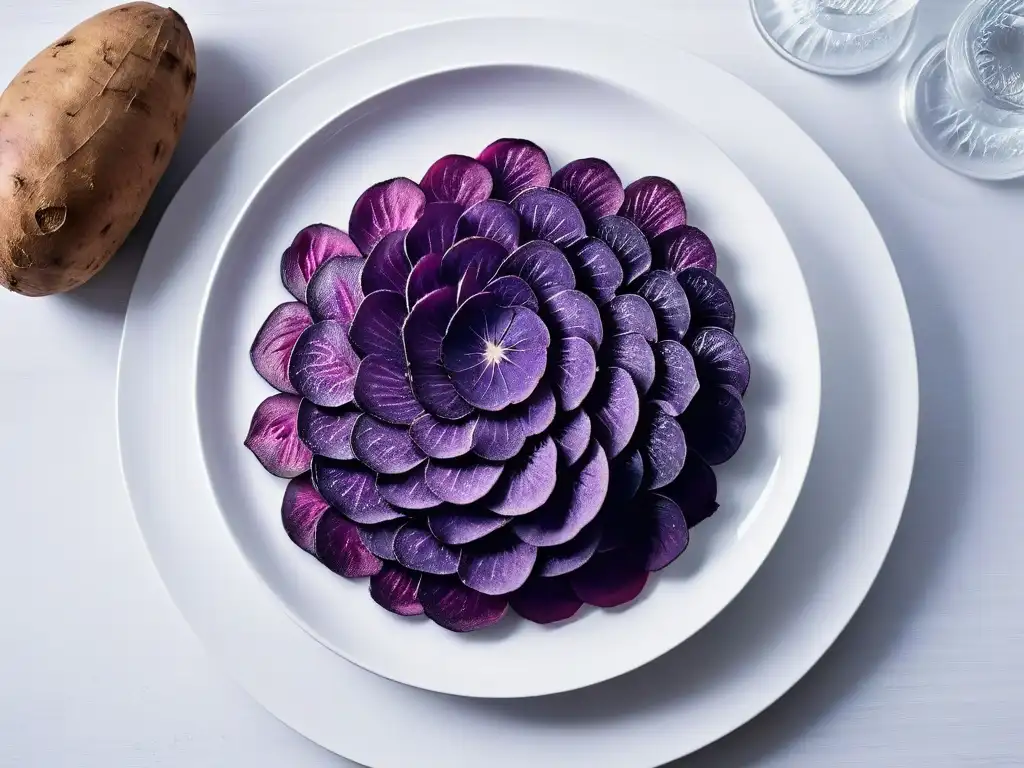 Delicadas rodajas de camote morado en un patrón elegante sobre plato blanco