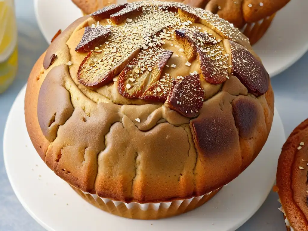 Delicadas semillas de lino dorado sobre muffin recién horneado, resaltando texturas