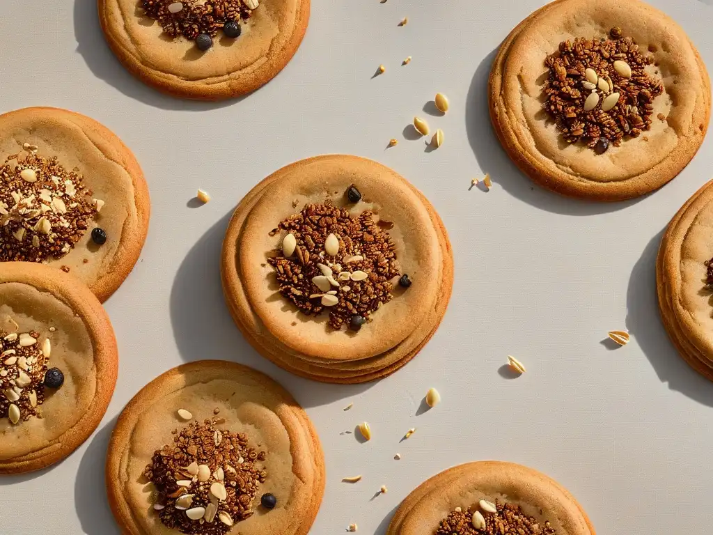 Delicadas semillas de lino dorado sobre galletas recién horneadas