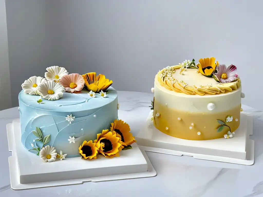 Delicadas tartas con diseño floral en mármol blanco, certificaciones online repostería calidad reconocimiento