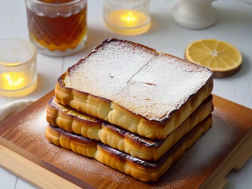 Delicadas torrijas doradas con azúcar glas, en plato de madera rústico