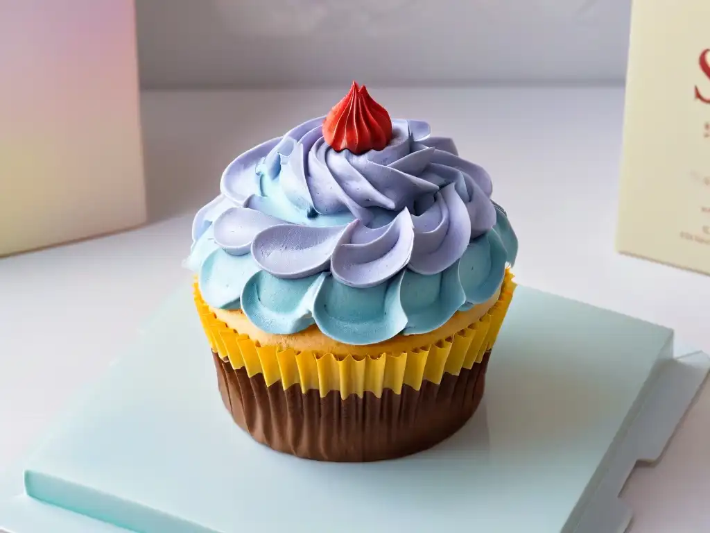 Un delicado adorno de manga pastelera sobre un cupcake recién horneado, en un taller de decoración de cupcakes