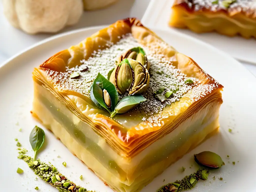 Un delicado baklava de agua de rosas con pistachos triturados, en plato blanco moderno