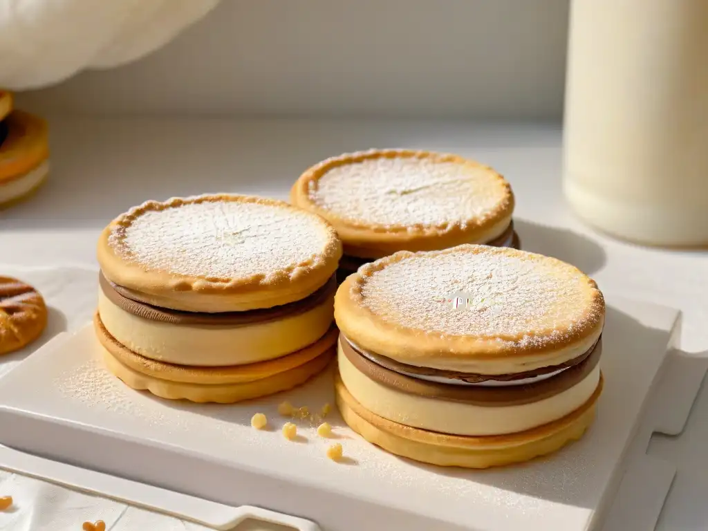 Delicado alfajor latinoamericano recién horneado, con capas de galletas mantecosas y dulce de leche