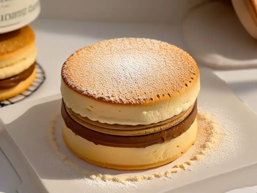 Delicado alfajor recién horneado con dulce de leche y azúcar en polvo