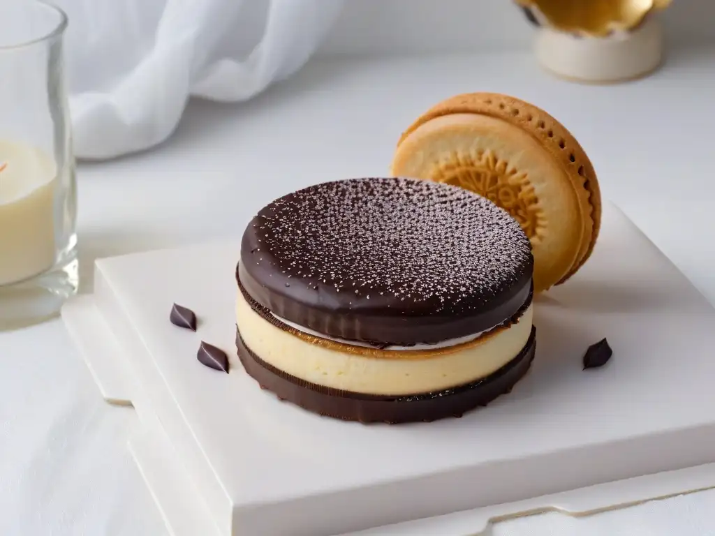 Delicado alfajor tradicional: capas de galleta rellenas de dulce de leche y chocolate, evocando historia y tradición cultural