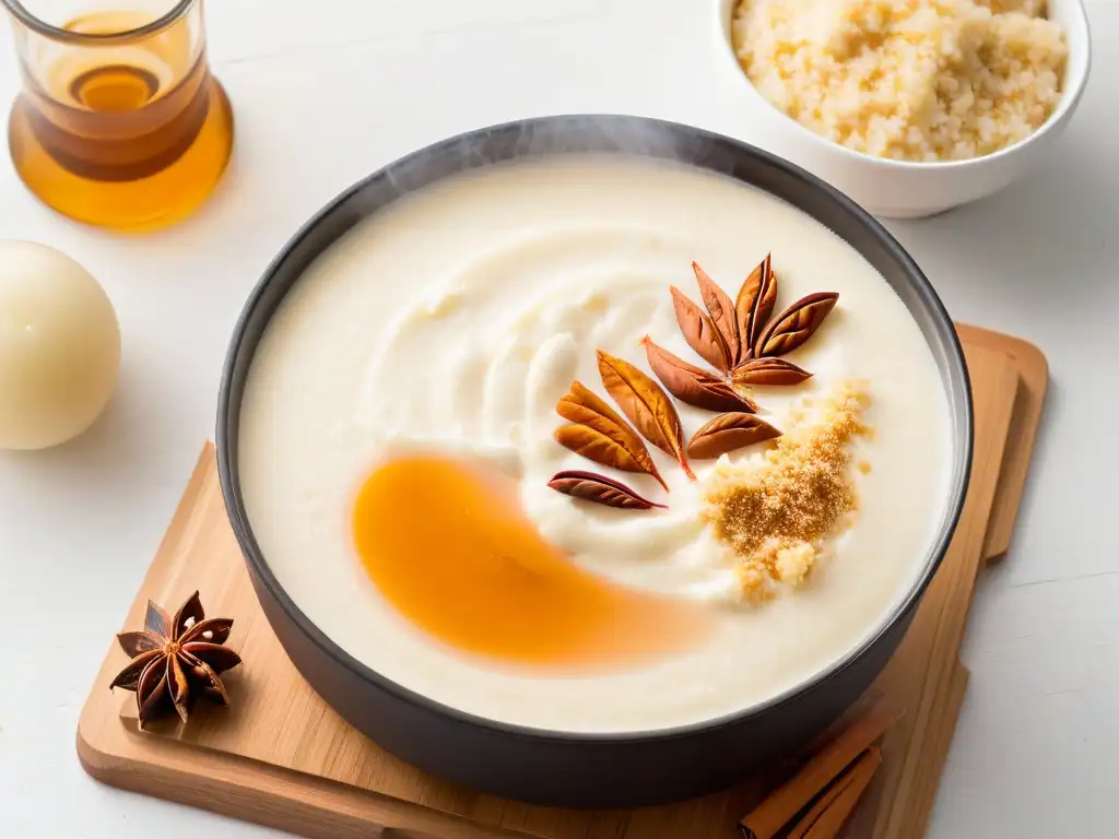 Delicado arroz con leche hirviendo en una olla, mostrando su textura cremosa y reconfortante