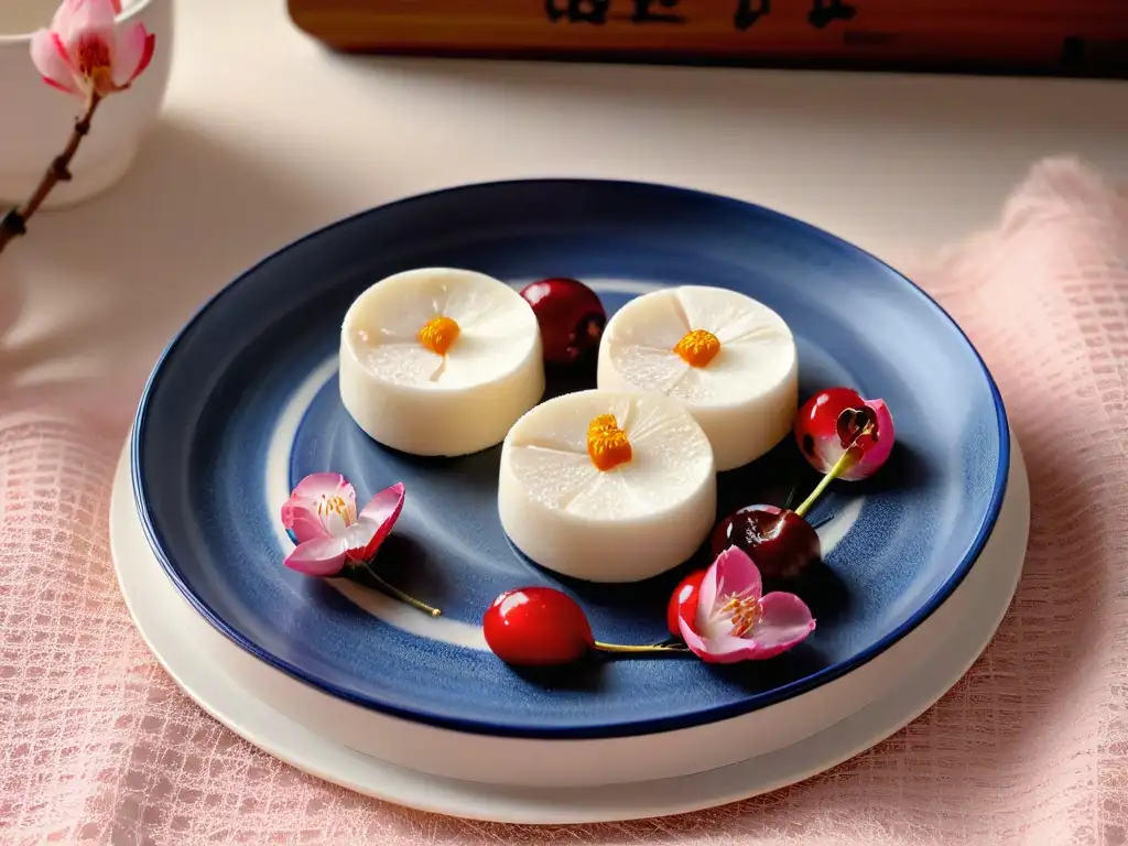 Delicado mochi artesanal en plato japonés rodeado de flores de cerezo, secretos arte mochi tradicional innovador