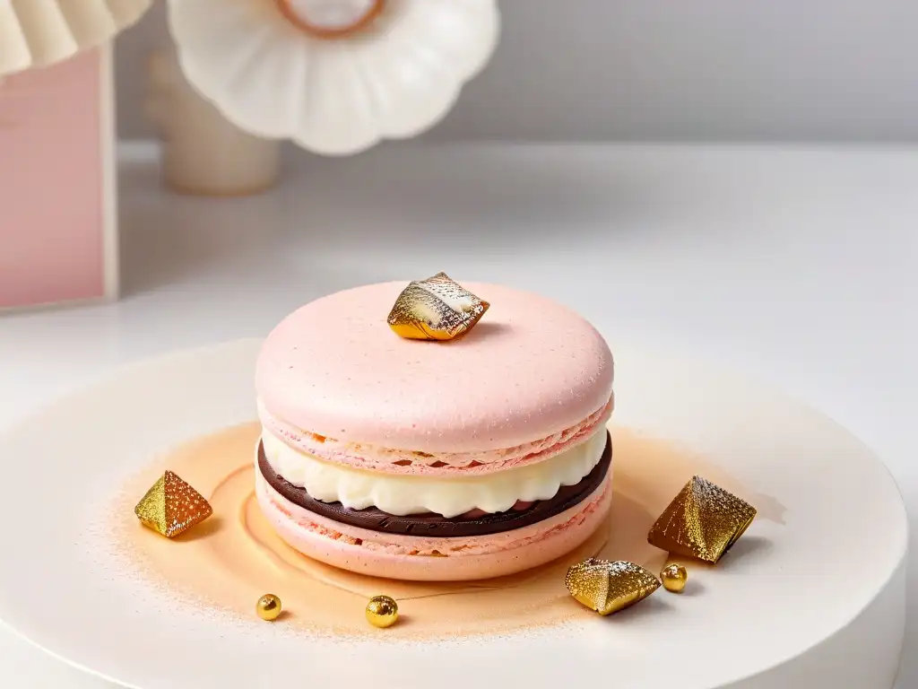 Delicado macaron francés rosa con brillo dorado comestible, sobre mármol blanco