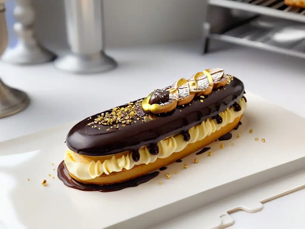 Éclair delicado de Éric Lanlard repostería británica con crema y glaseado de chocolate, decorado con detalles de hoja de oro