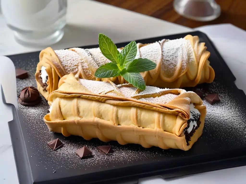 Delicado cannoli siciliano relleno perfecto con ricotta, espresso y chocolate en plato negro mate