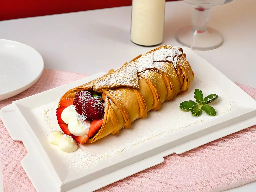 Delicado cannoli siciliano con ricotta cremosa, pistachos y fresa