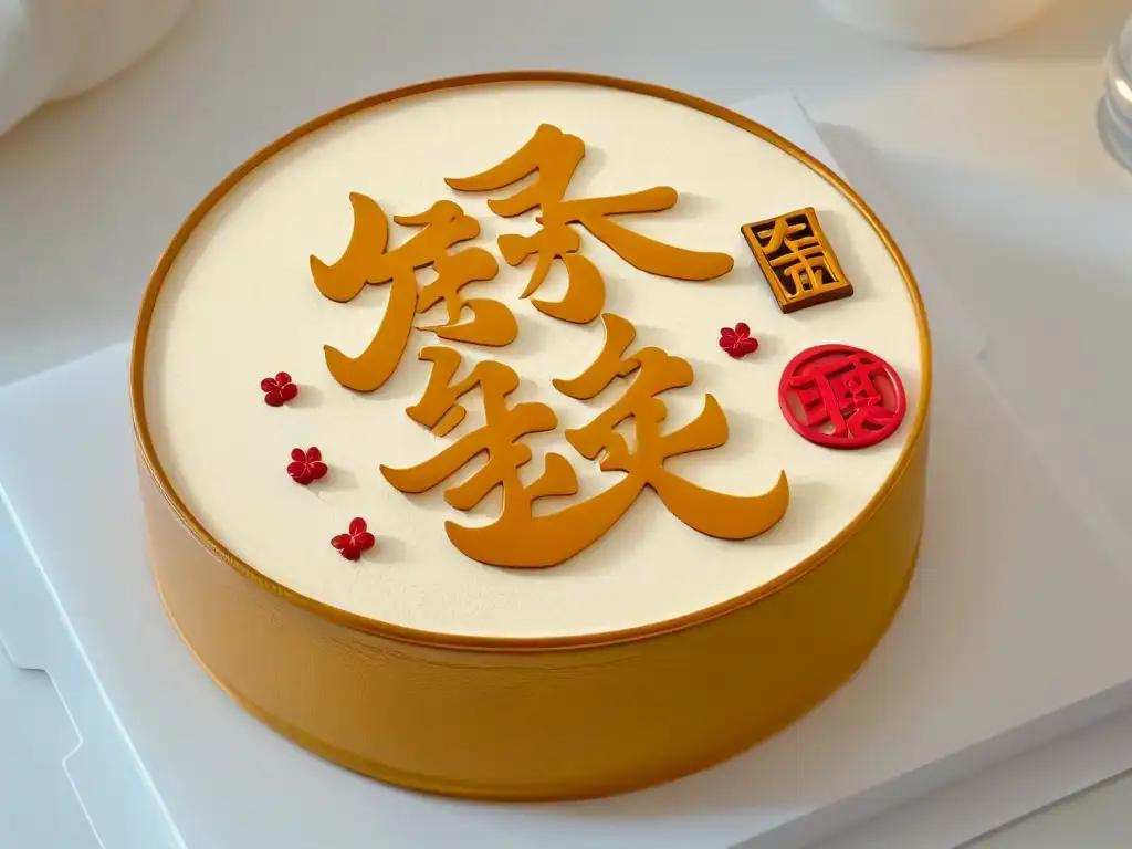 Carácter chino dorado de la suerte (福) en postres de Año Nuevo Un delicado carácter chino dorado de 'suerte' (福) sobre fondo blanco, simbolizando prosperidad en postres de Año Nuevo Chino