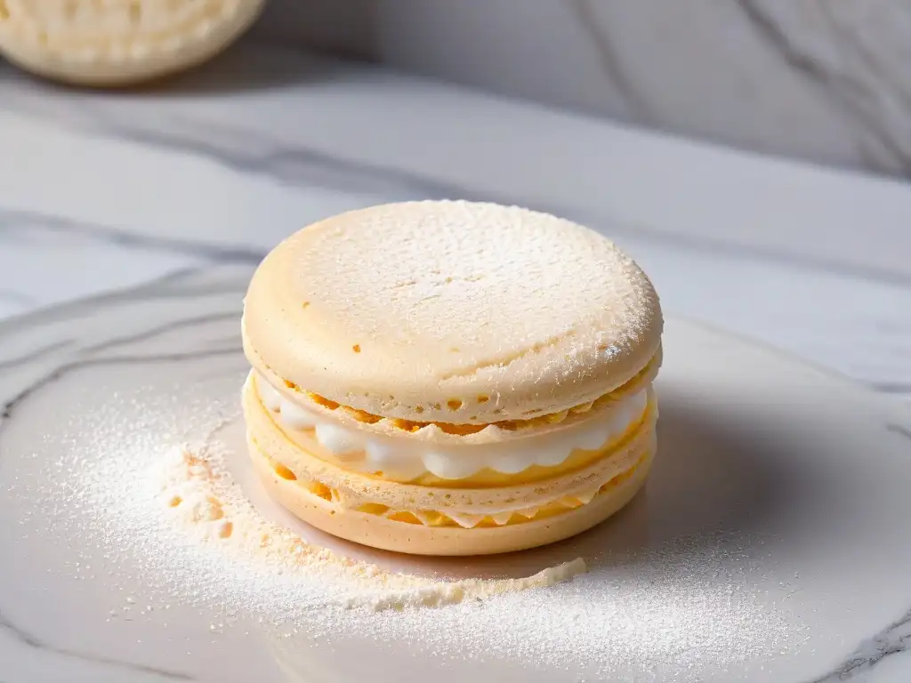 Delicado macaron casero saludable en mármol, con polvo de azúcar, iluminado naturalmente