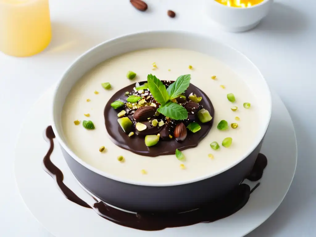 Delicado puré de castañas húngaro decorado con pistachos y salsa de chocolate oscuro en tazón blanco