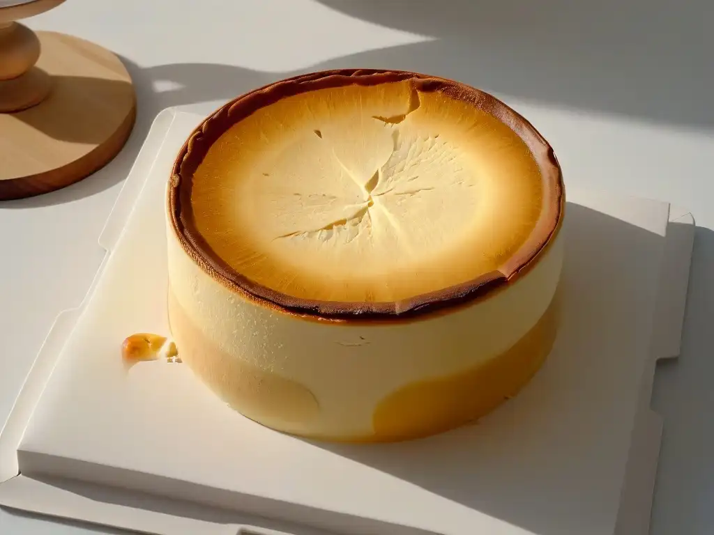 Delicado cheesecake japonés horneado a la perfección, con superficie suave y dorada, sobre fondo blanco