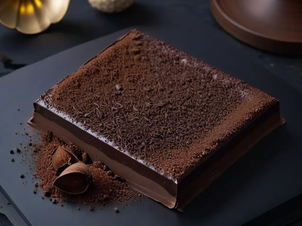 Delicado chocolate de origen postres gourmet con intrincados diseños y sabores, resaltando la riqueza en textura y sabor