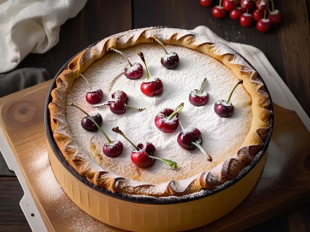 Delicado clafoutis de cerezas recién horneado en mesa rústica, con azúcar glass