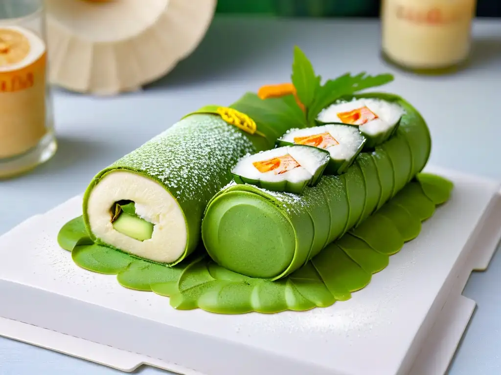 Delicado Kuih Dadar coco: capas de crepe verde pandan con coco dulce, detalle textura y sabor