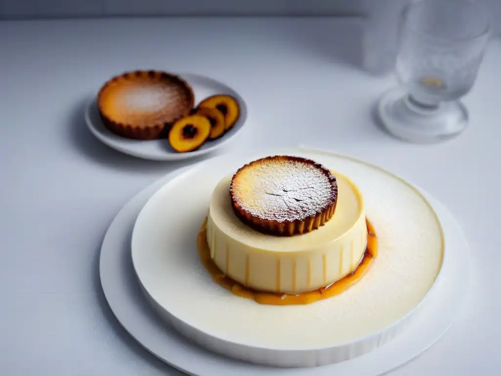 Delicado crème brûlée con azúcares especiales para repostería gourmet, luces suaves resaltan detalles exquisitos