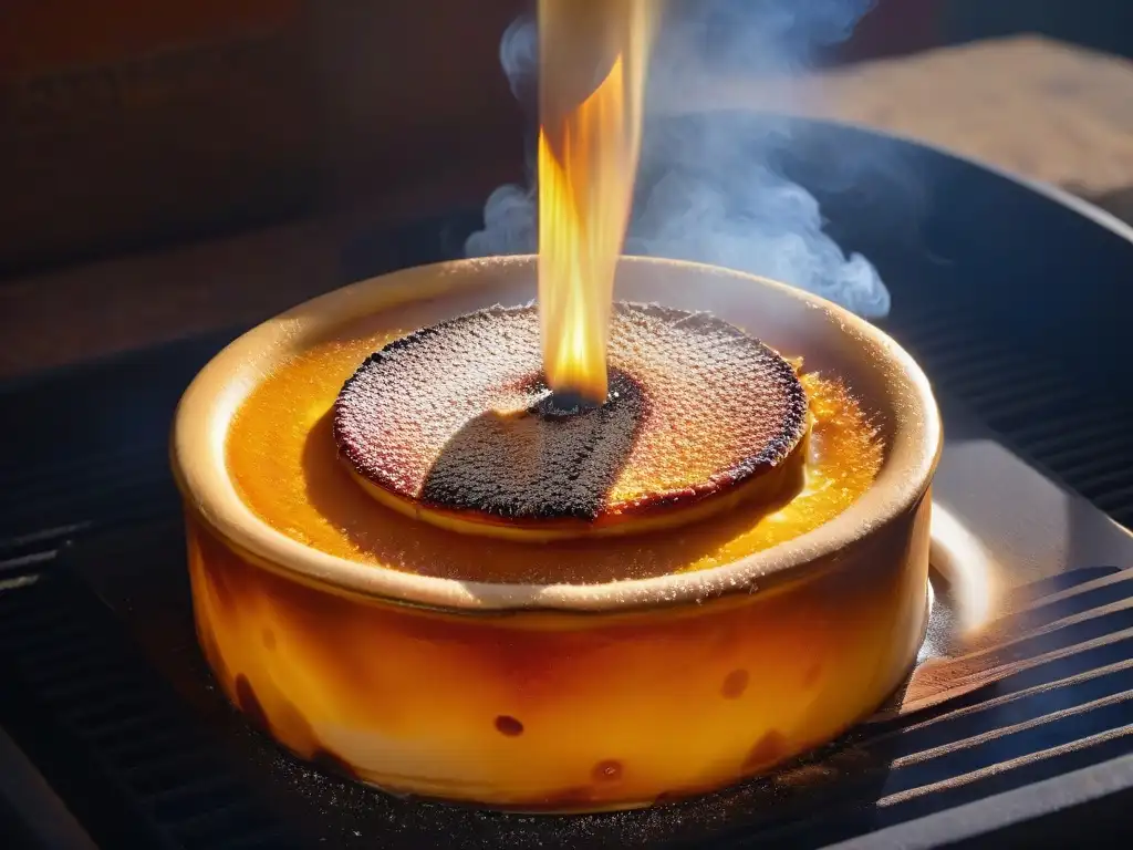 Delicado crème brûlée caramelizado siendo flameado, mostrando el momento exacto en que se quiebra la costra de azúcar