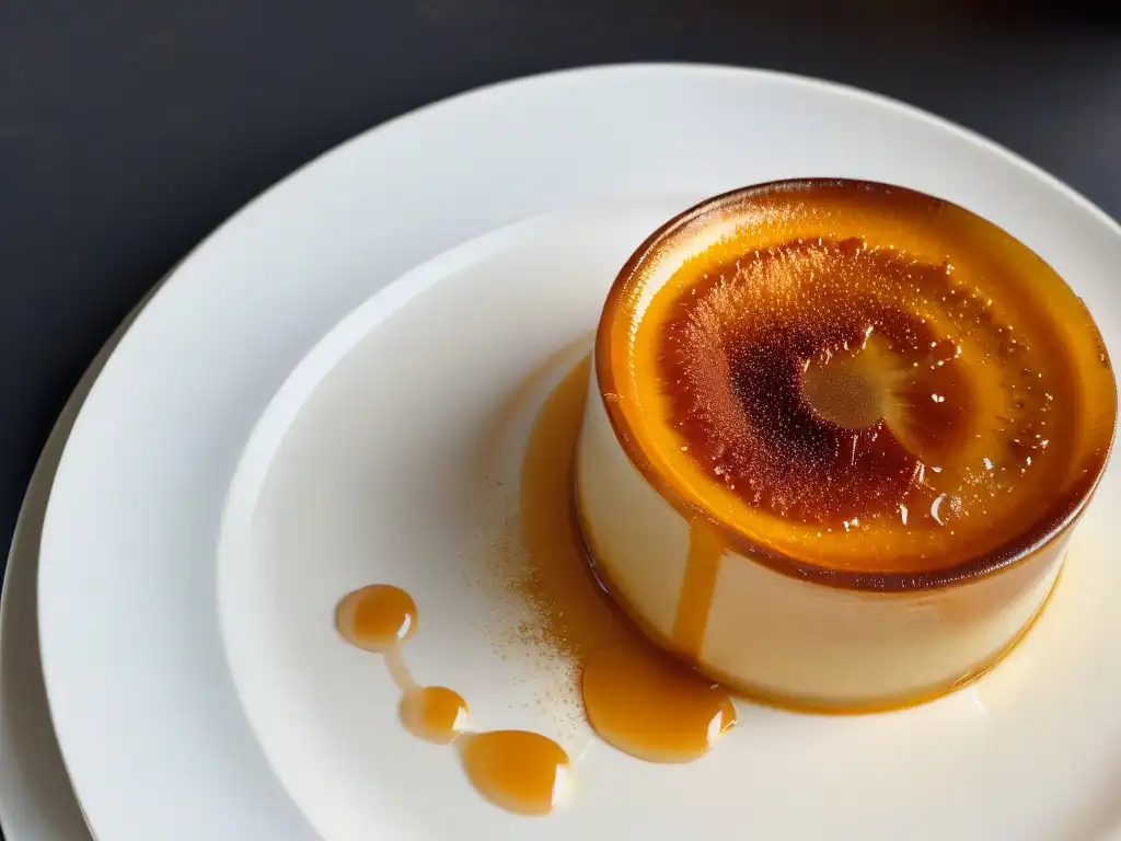 Delicado crème brûlée caramelizado con detalle, en plato blanco