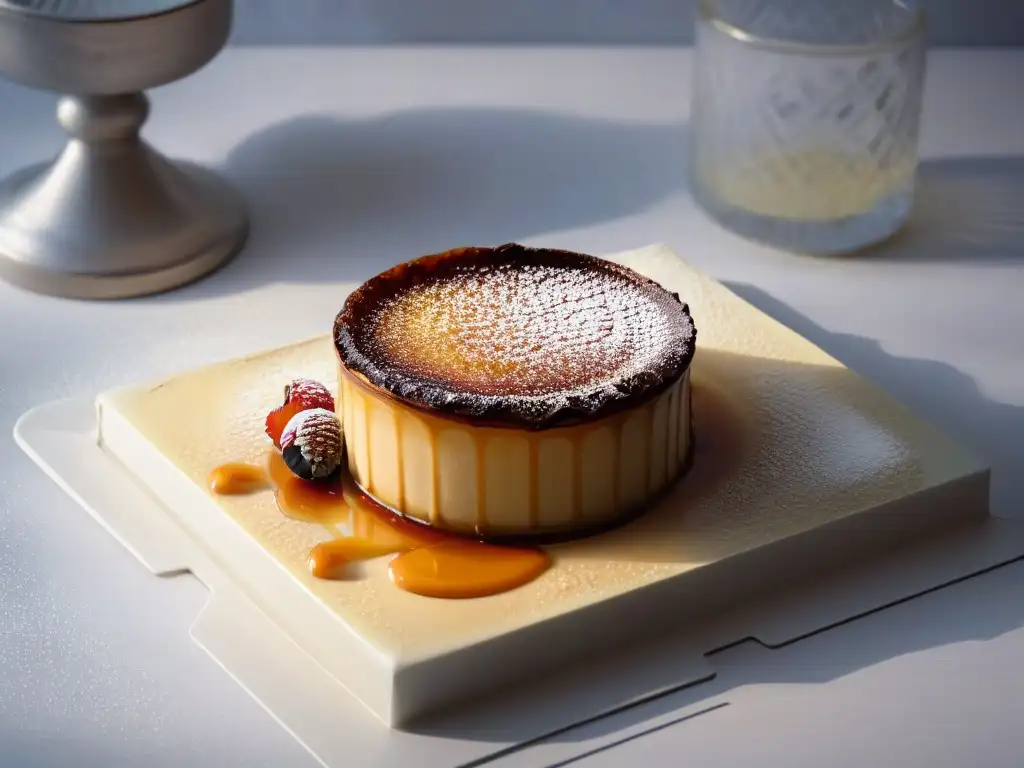 Delicado crème brûlée con caramelo dorado, resaltando la química en repostería moderna