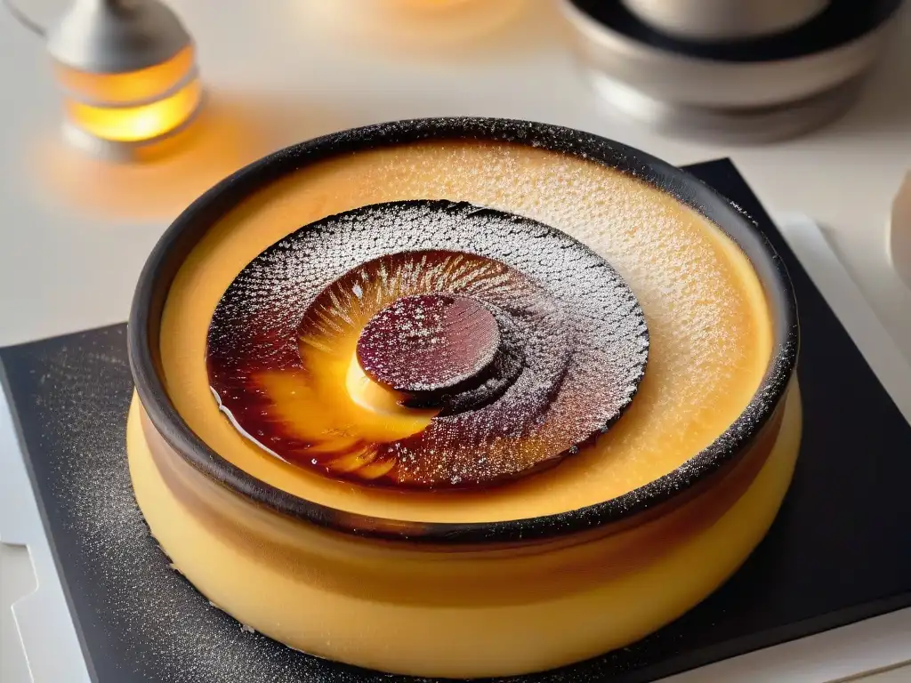 Delicado crème brûlée dorado siendo caramelizado con soplete, realzando contraste entre azúcar y crema