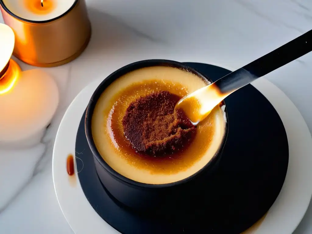 Delicado crème brûlée dorado siendo caramelizado con soplete