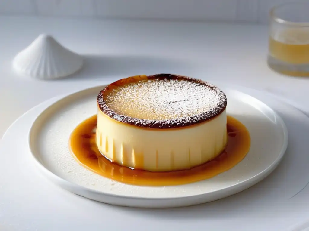 Delicado crème brûlée dorado en plato blanco, reflejando luz en una composición minimalista que fusiona tradición y modernidad