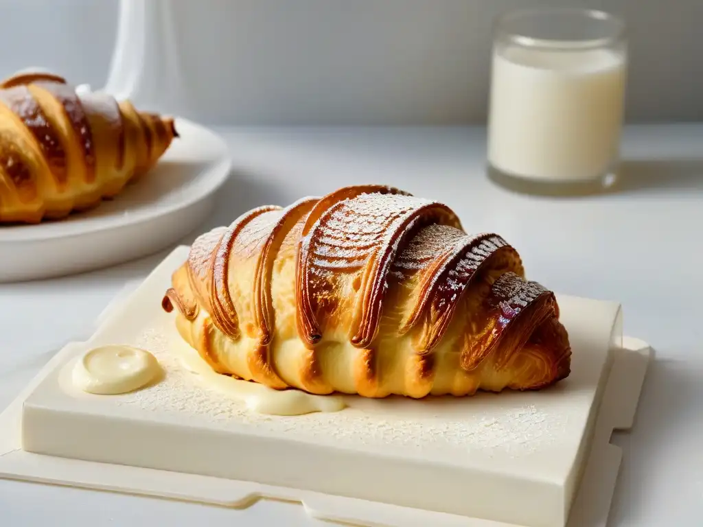 Delicado croissant dorado con brillo de mantequilla europea, en plato blanco moderno