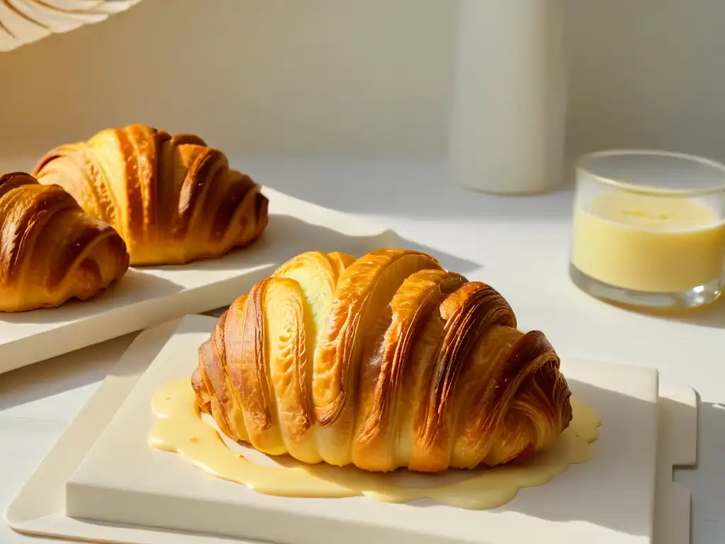 Delicado croissant dorado con capas de mantequilla europea revelando beneficios en repostería