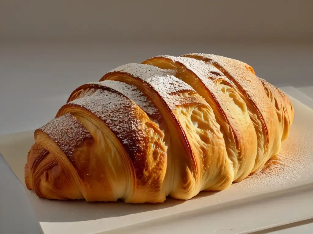 Delicado croissant recién horneado, dorado y con capas brillantes, muestra secretos repostería masas cremas perfectas