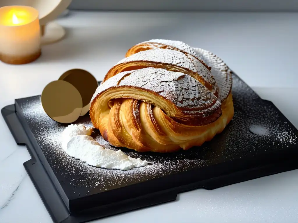 Delicado croissant dorado con azúcar glas, en plato negro moderno