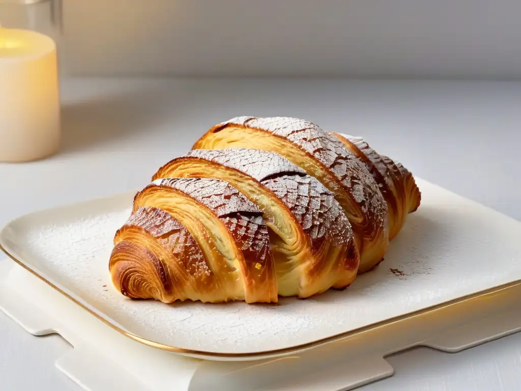 Delicado croissant dorado con azúcar glas, cocoa y miel