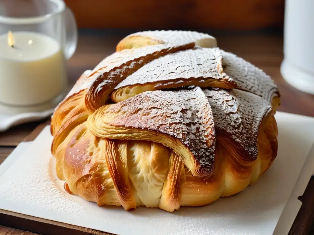 Delicado croissant dorado recién horneado en mesa de madera rústica