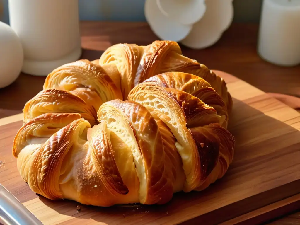 Delicado croissant dorado recién horneado en tabla de madera, ideal para técnicas fundamentales repostería principiantes