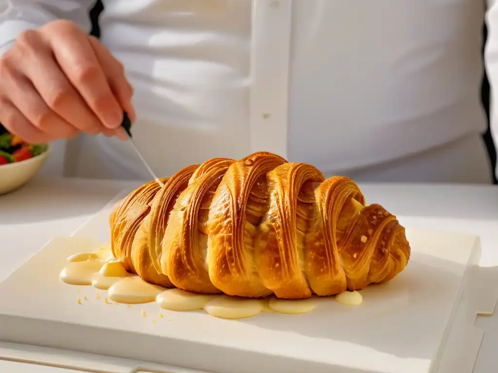 Delicado croissant dorado siendo pincelado con huevo brillante, en un fondo blanco