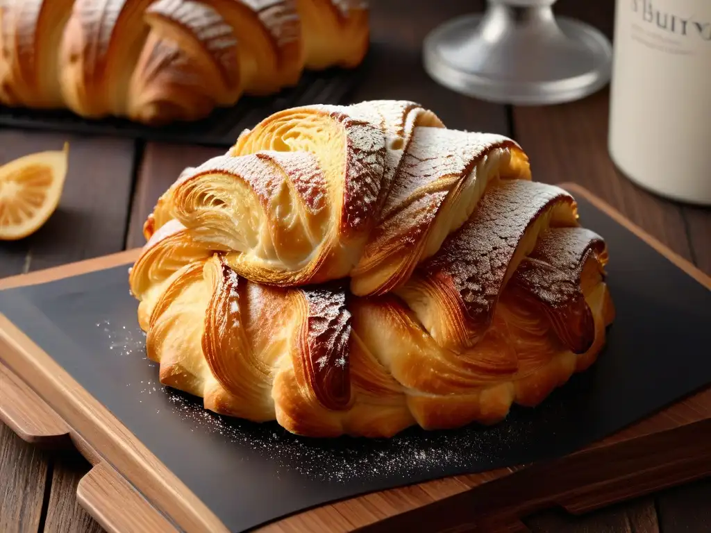 Delicado croissant dorado en mesa rústica, evocando calidez y calidad